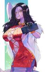  1girl absurdres black_gloves black_hair boutsoftheblind breasts cellphone cleavage colored_skin commentary dress english_commentary gloves highres indie_virtual_youtuber lamia large_breasts long_hair looking_at_viewer monster_girl phone pointy_ears purple_scales purple_skin red_dress smartphone solo vexoria_the_sun_eater vexoria_the_sun_eater_(date_night) virtual_youtuber yellow_eyes 
