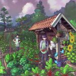  1boy 1girl apron apron_basket apron_hold birdhouse black_boots black_hair black_pants blue_shirt blush boots braid bucket bug butterfly cat closed_mouth cloud commentary eggplant english_commentary flower garden green_apron hair_ornament hair_over_shoulder hanging_plant harvest highres komi-san_wa_komyushou_desu komi_shouko ladybug long_hair long_sleeves no_mouth outdoors pants plant potted_plant purple_hair rinsachii shirt short_hair short_sleeves signature single_braid sky smile split_mouth standing sunflower tadano_hitohito tomato tomato_plant tree watering_can window yellow_flower 
