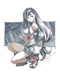  1girl bare_legs bare_shoulders black_hair black_skirt black_sleeves black_socks boots breasts clenched_hand closed_mouth crop_top detached_sleeves earrings final_fantasy final_fantasy_vii fingerless_gloves from_side full_body gloves jewelry large_breasts long_hair looking_at_viewer looking_to_the_side low-tied_long_hair michibata_65 midriff miniskirt red_boots red_eyes red_gloves signature skirt socks solo squatting suspender_skirt suspenders tank_top teardrop_earrings thighs tifa_lockhart white_tank_top 