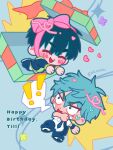  ! !! 2boys alien_stage aqua_hair birthday black_hair black_jacket black_pants box chibi chibi_only closed_eyes commentary english_commentary english_text fang gift gift_box green_eyes green_sweater happy_birthday heart highres in_box in_container ivan_(alien_stage) jacket male_focus multiple_boys necktie official_alternate_costume open_mouth pants school_uniform shirt short_hair surprised sweater till_(alien_stage) twitter_username val_namie very_short_hair white_shirt 