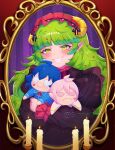  absurdres asmodeus_alice candle evil_grin evil_smile gothic_lolita green_eyes green_hair grin heart highres horns hug kiss lolita_fashion mairimashita!_iruma-kun messy_hair mirror non-web_source pointy_ears self-upload sinq39desu smile stuffed_toy suzuki_iruma valac_clara 