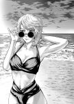  1girl adjusting_eyewear arm_behind_head armpits bare_arms bare_hips bare_shoulders beach bikini black_bikini black_eyes breasts chainsaw_man cleavage commentary english_commentary glasses greyscale hand_on_eyewear highres medium_breasts medium_hair monochrome multi-strapped_bikini_bottom navel ocean raggumba round_eyewear sand solo stomach sunglasses swimsuit waves whip_devil_(chainsaw_man) white-framed_eyewear 