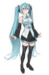  1girl aqua_eyes aqua_hair aqua_necktie aqua_trim armpit_crease arms_at_sides bare_shoulders black_boots black_skirt black_sleeves blush_stickers boots collared_shirt commentary detached_sleeves dorsiflexion_(wrist) dot_nose fingernails foreshortening full_body grin hair_between_eyes hair_ornament hatsune_miku highres lewdrawings long_hair looking_at_viewer necktie pleated_skirt shirt sidelocks simple_background skirt sleeveless sleeveless_shirt smile solo tachi-e thigh_boots tie_clip twintails very_long_hair vocaloid white_background white_shirt wing_collar zettai_ryouiki 