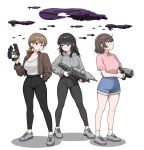  3girls alien assault_rifle black_eyes black_hair black_pants blonde_hair blue_shorts breasts brown_hair brown_jacket bullpup ccs-class_battlecruiser cleavage cocktiel77 collarbone collared_shirt denim denim_shorts drawstring dropship energy_gun fleet grey_hoodie gun halo_(series) handgun highres holding holding_gun holding_weapon hood hood_down hoodie jacket large_breasts long_hair long_sleeves m6 ma5 military_vehicle multiple_girls open_clothes open_jacket open_mouth original pants phantom_(halo) pink_shirt plasma_pistol ponytail rifle science_fiction shirt shirt_tucked_in short_hair shorts spacecraft standing tight_clothes tight_pants weapon white_background white_shirt yoga_pants 