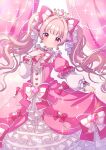  1girl absurdres bow commentary curtains dress earrings flat_chest frilled_dress frilled_dress_collar frills gem gown gradient_background hair_bow hand_on_own_chest head_tilt heart heart_earrings highres holding_own_dress jewelry katsuonoeboebo light_blush light_particles long_hair looking_at_viewer original pink_background pink_bow pink_dress pink_eyes pink_gem pink_hair puffy_sleeves smile solo sparkle string_of_pearls tiara twintails wavy_hair white_background 
