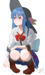  1girl absurdres black_socks blue_hair blue_skirt blush boots bow bowtie brown_boots closed_mouth commentary_request expressionless hair_between_eyes hat highres hinanawi_tenshi panties pantyshot peach_hat_ornament red_bow red_bowtie red_eyes ropu_1 shirt sidelocks signature skirt socks solo squatting three-quarter_sleeves touhou underwear white_background white_panties white_shirt 