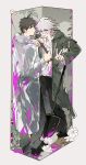  2boys absurdres ahoge black_pants black_shoes blood blood_on_clothes blood_on_face brown_hair brown_shoes chinese_commentary coat colored_blood commentary_request danganronpa_(series) danganronpa_2:_goodbye_despair flower green_eyes grey_eyes highres hinata_hajime holding holding_sickle hood hood_down hooded_coat komaeda_nagito kukirpg_457 male_focus multiple_boys open_clothes open_coat open_mouth pants pink_blood raincoat see-through_clothes see-through_raincoat shoes short_hair shovel sickle smile teeth upper_teeth_only v white_flower white_hair 