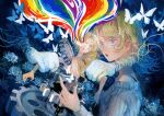  2girls black_blood blonde_hair blood bow braid breasts bug butterfly colored_blood commentary completely_nude copyright_notice crushing damaged destruction disembodied_hand doll flower gears gloves grabbing_another's_arm hair_bow hair_over_breasts hair_over_one_eye highres komako_(km7ko) long_hair looking_at_another low-braided_long_hair low-tied_long_hair medium_breasts medium_hair multiple_girls nude open_mouth orange_bow orange_eyes original painting_(medium) rainbow_gradient restrained ribbed_sweater signature stitched_torso stitches sweater symbolism teeth thread traditional_media untranslatable_commentary upper_teeth_only watercolor_(medium) white_butterfly white_flower white_gloves white_sweater 