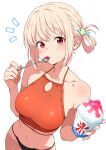  1girl above-cleavage_cutout absurdres bare_shoulders bikini black_bikini blonde_hair blush breasts circle_cutout clothing_cutout collarbone commentary_request cowboy_shot cup disposable_cup fingernails fish_hair_ornament food foreshortening from_above hair_ornament hair_rings halterneck hands_up highres holding holding_cup holding_spoon ice_cream_spoon large_breasts looking_at_viewer lycoris_recoil mismatched_bikini navel nishikigi_chisato nishizuki_shino notice_lines one_side_up orange_bikini red_eyes shaved_ice short_hair simple_background single_hair_ring solo spoon standing stomach swimsuit white_background 