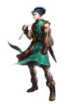  1boy ahoge armlet bag bandaged_leg bandages belt black_boots black_gloves blue_hair boots brown_belt brown_eyes brown_tunic commentary_request dragon_quest dragon_quest_vi earrings fingerless_gloves full_body gloves green_tunic hair_between_eyes hero_(dq6) highres hoop_earrings jewelry jun_(navigavi) lips looking_to_the_side male_focus muscular muscular_male nose parted_lips short_hair solo standing sword sword_on_back teeth tunic weapon weapon_on_back white_bag 
