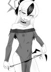  1girl bare_legs bikini bikini_bottom_pull blue_archive blush bra breasts choker clothes_pull collared_tunic commentary_request cowboy_shot ear_ornament frontal_wedgie greyscale halo highres horns kayoko_(blue_archive) kayoko_(tsutaya)_(blue_archive) long_hair looking_at_viewer monochrome multicolored_hair navel nipples official_alternate_costume open_mouth ponytail pulling_own_clothes pussy pussy_peek see-through_clothes see-through_shirt shirt side_slit simple_background single_wing small_breasts solo stomach sweatdrop swimsuit two-tone_hair underwear wedgie wings y4mori_gekko 