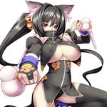  animal_ears bell black_eyes black_hair black_legwear blush breasts bridal_gauntlets cameltoe cat_ears china_dress chinese_clothes cleavage covered_nipples covering_mouth dog_ears dress dual_wielding highres hips holding huge_breasts jingle_bell leg_lift leg_up long_hair nunchaku original paw_print shirt side_ponytail simple_background skirt slender_waist solo thighhighs tonfa tro underboob weapon white_background wide_hips 