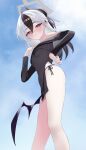  1girl absurdres bikini bikini_under_clothes black_bikini black_choker black_horns blue_archive choker commentary_request demon_horns demon_wings dress ear_piercing earclip from_behind grey_halo halo hand_on_own_hip highres horns kayoko_(blue_archive) kayoko_(tsutaya)_(blue_archive) looking_at_viewer lowleg lowleg_bikini multicolored_hair off-shoulder_dress off_shoulder official_alternate_costume paid_reward_available piercing see-through_clothes see-through_dress see-through_shirt shirt side-tie_bikini_bottom single_wing solo strapless strapless_shirt swimsuit two-tone_hair wings zuki_(user_mzpz5848) 