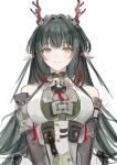  1girl absurdres arknights arknights:_endfield bare_shoulders black_hair black_sleeves breasts chinese_commentary closed_mouth commentary_request dated detached_sleeves dragon_girl dragon_horns green_eyes hair_intakes hair_ornament highres horns kevn light_blush long_hair long_sleeves looking_at_viewer multicolored_hair pointy_ears red_horns red_streaks simple_background smile solo streaked_hair upper_body white_background zhuang_fangyi_(arknights) 