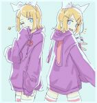  1girl absurdres animal_ears animal_hood blonde_hair blue_background blue_eyes bow bow_hairband commentary_request covering_own_mouth drawstring fake_animal_ears hair_bow hair_ornament hairband hairclip hand_to_own_mouth highres hood hood_down hoodie kagamine_rin keylow light_blush long_sleeves multiple_views one_eye_closed oversized_clothes parallel_hairclips purple_hoodie rabbit_hood sleeves_past_fingers sleeves_past_wrists solo striped_clothes striped_thighhighs swept_bangs thighhighs v vocaloid white_bow white_hairband wide_sleeves zettai_ryouiki 
