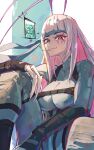  1girl antennae arthropod_girl arthropod_limbs bandana blunt_bangs bodysuit boutsoftheblind breasts cigarette claws cockroach_girl cosplay facial_mark grey_bodysuit highres indie_virtual_youtuber large_breasts looking_at_viewer matara_kan monster_girl pink_hair red_eyes sitting solid_snake solid_snake_(cosplay) solo virtual_youtuber 