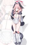  1girl @_@ absurdres alt_text alternate_costume animal_ear_headphones animal_ears animal_hands apron arm_at_side bell bikini bingmwahbiing black_bikini black_hairband black_shoes black_shrug black_tail black_wings blue_archive blush breasts cat_ear_headphones cat_ears closed_mouth commentary_request fake_animal_ears fake_tail feathered_wings frilled_apron frills full_body gloves hairband halo hand_up head_wings headphones highres jingle_bell koharu_(blue_archive) korean_commentary leg_warmers long_hair looking_at_viewer low_wings neck_bell parted_bangs paw_gloves pigeon-toed pink_eyes pink_hair red_halo shoes short_sleeves shrug_(clothing) small_breasts solo standing string_bikini swimsuit tail tray triangle_bikini_top twintails waist_apron white_apron white_background white_leg_warmers wings zoom_layer 