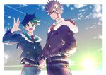  2boys :d adam's_apple all_might alternate_costume aqua_jacket arm_up bakugou_katsuki belt black_pants blonde_hair blood blood_on_face blue_jacket blue_pants blue_pupils blue_sky blush boku_no_hero_academia border breast_pocket bright_pupils cameo character_doll closed_mouth cloud collared_shirt commentary_request contrail doll eyes_visible_through_hair fashion freckles frown fur-trimmed_hood fur_trim furrowed_brow gradient_sky green_eyes green_hair green_sky grey_sky hair_between_eyes hand_in_pocket highres holding_hands hood hood_down hooded_jacket jacket lens_flare long_sleeves looking_at_viewer looking_to_the_side male_focus midoriya_izuku multiple_boys multiple_scars nao_(n_sai_ao) necktie open_hand open_mouth orange_jacket outside_border pants partial_commentary partially_open_jacket partially_unzipped pink_belt pink_necktie pocket puffy_long_sleeves puffy_sleeves red_eyes sanpaku scar scar_on_hand shirt short_hair side-by-side sidelighting sky smile spiked_hair sun sunlight sunrise tsurime two-sided_fabric two-sided_hood two-sided_jacket v-shaped_eyebrows white_border white_shirt wing_collar zipper_pull_tab 