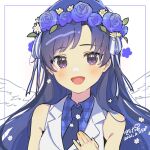  1girl :d alternate_eye_color blue_flower blue_hair blue_rose blue_shirt blush collared_shirt commentary_request dated flower flower_wreath head_wreath highres idolmaster idolmaster_(classic) kirita_ohana kisaragi_chihaya lapels long_hair looking_at_viewer notched_lapels open_mouth plaid_clothes plaid_shirt purple_eyes rose shirt simple_background sleeveless sleeveless_shirt smile solo upper_body vest white_background white_vest 