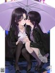  2girls age_difference black_hair black_jacket black_pantyhose black_shoes blazer blush braid breasts cleavage collared_shirt commentary_request curtained_hair full_body grey_shirt grey_skirt half_up_braid hand_on_own_knee high_heels highres holding holding_umbrella incest jacket jewelry kiss kissing_cheek kneehighs large_breasts loafers long_hair looking_at_another miniskirt multicolored_hair multiple_girls necklace necktie office_lady open_clothes open_jacket open_mouth original outdoors outside_border pantyhose penny_loafers pillarboxed pleated_skirt pumps purple_eyes purple_hair purple_necktie purple_socks purple_streaks purple_sweater purple_umbrella rain school_uniform shirt shoes siblings side_part sisters skirt socks squatting streaked_hair striped_clothes striped_shirt suit_jacket sweater tiptoes two-tone_hair umbrella v-neck vertical-striped_clothes vertical-striped_shirt white_shirt yuri yuuyu_(moco20111115) 