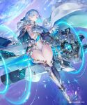  1girl armor ass_visible_through_thighs bird blue_cape blue_eyes blue_hair blue_sky bodysuit breasts cape clothing_cutout collared_leotard commentary_request copyright_name detached_sleeves dreizehn_(shadowverse) energy_gun fingerless_gloves full_body gloves hair_between_eyes highres hip_armor holding holding_energy_gun holding_weapon hood hooded_cape large_breasts looking_at_viewer medium_hair official_art outdoors parted_lips shadowverse shadowverse:_worlds_beyond shoulder_armor side_cutout sky solo thick_thighs thighs two-sided_cape two-sided_fabric weapon white_bird white_bodysuit white_cape white_gloves yanagawa_eri 