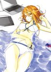  ashuho bare_shoulders bikini blonde_hair breasts cellphone colored_eyelashes computer front-tie_top headphones iphone laptop large_breasts lying navel on_back original phone product_placement red_bull smartphone solo stylus submerged swimsuit tablet water yellow_eyes 