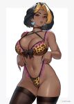  1girl absurdres animal_print bare_shoulders black_bow black_hair black_panties black_thighhighs blonde_hair blonde_streaks bow bow_bra bra breasts brown_lips cleavage dark-skinned_female dark_skin desi domina_(overwatch) earrings frilled_bra frilled_panties frills highleg highleg_panties highres hioyami jewelry lace-trimmed_bra lace-trimmed_panties lace_trim large_breasts leopard_print leopard_print_bra leopard_print_panties lingerie makeup mature_female multicolored_hair navel overwatch panties panty_straps print_bra print_panties pulling_own_clothes short_hair simple_background solo standing strap_lift strap_pull streaked_hair sweat thighhighs thong thong_panties underwear underwear_only white_background 