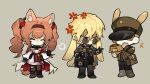  1girl 2boys absurdres angelina_(arknights) angelina_the_mellow_wish_(arknights) animal_ear_fluff animal_ears anniao4 annoyed arknights bag black_boots black_collar black_gloves black_hairband black_jacket black_pants blonde_hair boots box brown_hair chibi chibi_only chinese_commentary closed_mouth collar commentary_request detached_sleeves dress floppy_ears fox_ears fox_girl full_body gloves green_hat green_jacket grey_background hair_between_eyes hairband hat highres holding holding_bag holding_box infection_monitor_(arknights) jacket laughing liaison_(arknights) long_hair long_sleeves looking_at_another lop_rabbit_ears multiple_boys pants peaked_cap puff_of_air rabbit_boy rabbit_ears shaded_face short_hair simple_background smile standing sunglasses sweatdrop tail twintails white_dress 