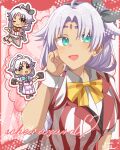  1girl alternate_costume commentary_request curtained_hair dark-skinned_female dark_skin diner eiyuu_densetsu facial_mark forehead_jewel forehead_mark green_eyes highres iv4a_9 long_hair open_mouth parted_bangs scherazard_harvey simple_background sora_no_kiseki waitress white_hair 