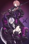  2girls absurdres axe braid breasts closed_mouth commentary full_body gun head_wings highres holding holding_gun holding_weapon hololive hood hood_up la+_darknesss looking_at_viewer medium_hair multiple_girls one_eye_covered pink_background pink_hair red_nails shoes short_hair smile takane_lui twonogakipigpa untranslatable_commentary upper_body virtual_youtuber weapon wings yellow_eyes 
