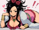  1girl bare_legs belt black_eyes black_hair bracelet breasts cleavage commentary deborah_(dq5) dragon_quest dragon_quest_v dress earrings flower fur_shawl gold_bracelet gold_earrings hair_flower hair_ornament heart highres hoop_earrings jewelry large_breasts long_hair lunchiblz mole mole_under_eye necklace pink_dress red_flower red_rose rose shawl smile solo 