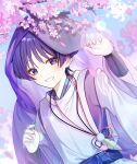  1boy armor black_bow black_hair black_sash blue_sky blunt_ends blurry bow cherry_blossoms clear_sky clothing_cutout cropped depth_of_field eyeliner falling_petals feathers fingernails genshin_impact hands_up highres japanese_armor japanese_clothes kariginu kimono kote kurokote layered_sleeves lens_flare long_sleeves looking_at_viewer makeup male_focus open_mouth outdoors petals pink_petals pom_pom_(clothes) purple_eyes purple_kimono purple_pupils purple_sleeves purple_veil red_eyeliner sash scaramouche_(genshin_impact) scaramouche_(kabukimono)_(genshin_impact) see-through_clothes see-through_veil side_cutout sky solo string tsurime upper_body usagi_mori veil white_mouth wide_sleeves wispy_bangs yellow_feathers 