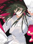  1boy :d black_background black_hair cloak constantine_xi_(fate) constantine_xi_(third_ascension)_(fate) earrings facing_viewer fate/grand_order fate_(series) floating_clothes floating_hair glint hair_between_eyes highres holding holding_cloak holding_unworn_clothes jewelry kitada long_hair long_sleeves male_focus red_cloak simple_background smile solo tunic twitter_username two-sided_cloak two-sided_fabric upper_body white_cloak white_tunic wind 