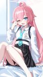  1girl absurdres ahoge aqua_eyes aqua_necktie bare_legs black_skirt blue_archive blue_eyes chest_strap commentary_request hair_between_eyes halo heterochromia highres hoshino_(blue_archive) long_hair necktie pink_hair pink_halo pleated_skirt rihitonn rubbing_eyes shirt sitting skirt sleepy very_long_hair wariza white_shirt yellow_eyes 