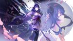  2girls arm_up armor black_thighhighs blunt_bangs braid bridal_gauntlets cherry_blossoms chinese_commentary closed_eyes closed_mouth commentary_request electricity engulfing_lightning_(genshin_impact) falling_petals floating from_side genshin_impact hair_ornament hair_ribbon hand_up highres holding holding_polearm holding_weapon japanese_clothes kimono long_hair long_sleeves looking_to_the_side makoto_(genshin_impact) mitsudomoe_(shape) mole mole_under_eye motion_blur multiple_girls neck_ribbon off_shoulder petals polearm purple_eyes purple_hair purple_kimono purple_nails purple_ribbon raiden_shogun red_ribbon red_sash ribbon sash shade shoulder_armor siblings single_braid sisters thighhighs thighs tomoe_(symbol) twins very_long_braid weapon wide_sleeves wumumu 