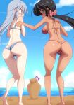  2girls absurdres ass beach bikini black_hair blue_bikini blue_eyes blue_hair blush bow breasts butt_crack closed_mouth commentary_request flint_(girls_und_panzer) girls_und_panzer highres jinguu_(4839ms) large_breasts long_hair looking_at_viewer looking_back multiple_girls ocean ogin_(girls_und_panzer) open_mouth outdoors ponytail rabbit red_bikini red_bow sky small_breasts string_bikini swimsuit thigh_gap thong thong_bikini 