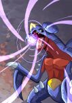  black_sclera breath_weapon claws colored_sclera commentary energy_ball garchomp hakyon_pyzz8857 highres no_humans open_mouth pectorals pokemon pokemon_(creature) pokemon_focus powering_up sharp_teeth solo spikes swirling teeth tongue yellow_eyes 