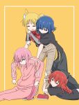 4girls =_= absurdres ahoge blonde_hair blue_hair bocchi_the_rock! closed_eyes commentary_request gotoh_hitori group_hug highres hug hug_from_behind hugging_another's_leg ijichi_nijika jacket kita_ikuyo long_skirt mayo_(oekaki_bibbi) multiple_girls pink_hair red_hair side_ponytail simple_background skirt suspenders sweatdrop track_jacket track_suit yamada_ryo 