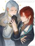  2boys absurdres artist_name black_gloves blush coat commentary_request fur_trim gloves green_eyes highres korean_commentary long_hair long_sleeves looking_at_another male_focus medium_hair monchya_33 multiple_boys original parted_bangs red_hair smile sparkle sparkle_background striped_background sweater twitter_username 