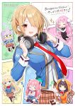  6+girls :3 :d absurdres aikawa_megumi animal_hood animal_on_head asakura_karen_(heaven_burns_red) black_bow black_bowtie black_hair black_ribbon black_shoes black_socks blonde_hair blue_jacket blunt_bangs blush boots bow bowtie braid brown_boots brown_pantyhose brown_shoes brown_skirt bun_cover cat cat_hood cat_on_head cat_tail chibi chibi_inset closed_eyes closed_mouth collared_shirt comiket_108 commentary_request copyright_name cowboy_shot cup double_bun doyagao dress_shirt dutch_angle english_text frilled_skirt frills full_body grey_hair hair_bun hair_ornament hair_over_one_eye hair_ribbon hairclip half_up_braid hands_up headphones headphones_around_neck heart heaven_burns_red highres holding holding_cup hood hood_up hooded_jacket indian_style izumi_yuki jacket kayamori_ruka kneehighs kunimi_tama long_bangs long_hair looking_at_viewer low_twintails miniskirt multiple_girls neck_ribbon necktie nose_bubble notice_lines on_head one_eye_covered open_clothes open_jacket open_mouth orange_jacket outline outstretched_legs pantyhose parallel_hairclips pink_hair pixel_heart plaid_clothes plaid_skirt pleated_skirt red_bow red_bowtie red_eyes red_necktie red_ribbon ribbon rinki_oohen shirt shoes short_hair simple_background sitting skirt sleeping smile smug socks split_mouth standing standing_on_one_leg steam striped_clothes striped_pantyhose tail team_31a_(heaven_burns_red) tojo_tsukasa twintails two_side_up u_u vertical-striped_clothes vertical-striped_pantyhose very_long_hair white_outline white_ribbon white_shirt yellow_eyes zzz 