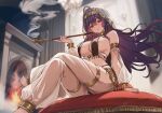  1girl arabian_clothes bare_shoulders barefoot breast_curtains breasts cleavage commentary_request crossed_legs cutlass_(classic_chocolate) detached_sleeves fireplace foot_out_of_frame hair_between_eyes hand_up highres holding holding_smoking_pipe indoors large_breasts long_hair looking_at_viewer original paid_reward_available parted_lips purple_eyes purple_hair sitting smoking_pipe solo toes veil very_long_hair voice_drama_available white_veil 