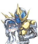  1girl absurdres armor beetle_horn belt black_bodysuit black_hair blanchet_(trickcal) blue_eyes blue_flower blue_rose bodysuit bonnet chibi closed_mouth compound_eyes crossover dress flower frilled_bonnet frills hat hebi_(rarata6o) highres holding horns jewelry kamen_rider kamen_rider_caucasus kamen_rider_kabuto:_god_speed_love kamen_rider_kabuto_(series) long_hair long_sleeves rose simple_background trickcal upper_body white_dress 