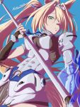  1girl animal_ears arm_shield blonde_hair blue_background blue_necktie breasts bridal_gauntlets commentary_request green_eyes hair_over_one_eye hairband highres holding holding_weapon horse_ears horse_girl horse_tail konnitiha_ntmy large_breasts layered_sideboob long_hair looking_at_viewer metal_hairband necktie parted_lips ponytail sigrid_de_l'azur simple_background single_bridal_gauntlet solo tail twitter_username weapon zenless_zone_zero 