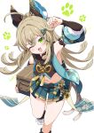  1girl :3 :d ;3 ;d ahoge animal_ears aqua_skirt arm_up armpits bare_shoulders blush box cardboard_box clenched_hand coat commentary_request crop_top detached_sleeves dot_nose double-parted_bangs foot_out_of_frame genshin_impact green_eyes hair_between_eyes hair_ornament hairclip highres holding holding_box kamuraaa_615 kirara_(genshin_impact) long_hair looking_at_viewer midriff miniskirt multiple_tails navel one_eye_closed open_mouth paw_print signature simple_background skirt sleeveless sleeveless_coat slit_pupils smile solo tail tassel two_tails vision_(genshin_impact) white_background 