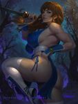  1girl arm_guards artist_name ass bare_shoulders blue_panties breasts brown_eyes brown_hair commentary dead_or_alive english_commentary holding holding_sword holding_weapon kasumi_(doa) large_breasts leg_up lips long_hair looking_at_viewer muscular muscular_female night ninja outdoors panties patreon_username pelvic_curtain reverse_grip shin_guards short_sword shurakrgt sideboob sky solo standing star_(sky) starry_sky sword thighhighs thighs toned tree underwear weapon white_thighhighs 