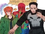  1girl 2boys aiming animal_print annoyed beard black_hair black_shirt blue_eyes blush bodysuit bulletproof_vest commentary_request cowboy_shot embarrassed facial_hair green_jacket hair_bun hand_in_pocket highres icezc40 jacket jean_grey korean_commentary korean_text layered_clothes marvel multicolored_bodysuit multiple_boys orange_hair paint_on_clothes pants peter_parker serious shirt skull_print sleeves_rolled_up speech_bubble spider-man spider-man:_brand_new_day spider-man_(original_suit) spider-man_(series) spider_print spider_web_print superhero_costume the_punisher_(character) two-tone_bodysuit white_background x-men 