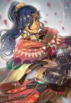  1girl bandeau blue_hair blush breasts circlet cloak commentary_request crescent crescent_earrings dark-skinned_female dark_skin earrings fire_emblem fire_emblem:_fortune's_weave gold_choker gold_earrings green_eyes high_ponytail highres holding holding_instrument hood hooded_cloak hooded_poncho iipzeyjhms0dohl instrument jewelry leda_(fire_emblem) looking_at_viewer medium_breasts open_mouth ponytail purple_bandeau red_cloak red_poncho smile solo wavy_hair 