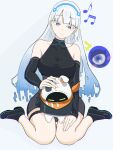  1girl 1other bangboo_(zenless_zone_zero) bare_shoulders black_shirt black_shoes black_skirt blue_eyes blue_hair breasts closed_mouth commentary_request detached_sleeves eous_(zenless_zone_zero) fairy_(zenless_zone_zero) highres large_breasts long_hair long_sleeves looking_back lpydr7 multicolored_hair musical_note personification shirt shoes simple_background sitting skirt thigh_strap white_background white_hair zenless_zone_zero 