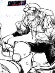  1girl akibasomen0130 alternate_costume backpack bag closed_mouth clothes_writing commentary_request goggles goggles_on_headwear greyscale hair_bobbles hair_ornament hat hood hoodie jewelry kawashiro_nitori key key_necklace monochrome motor_vehicle motorcycle necklace pants short_hair solo touhou two_side_up unfinished 