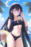  1girl adjusting_eyewear arichi bandeau beach bikini black_bikini black_hair black_robe blue_archive blue_sky braid braid_over_shoulder breasts butterfly_hair_ornament cleavage_cutout clothing_cutout cloud collarbone commentary_request cowboy_shot day diamond_cutout eyes_visible_through_eyewear grey_halo hair_ornament halo highres holding holding_swim_ring innertube jacket kisaki_(blue_archive) kisaki_(swimsuit)_(blue_archive) long_hair looking_at_viewer navel ocean official_alternate_costume official_alternate_hairstyle outdoors palm_leaf parted_lips purple-tinted_eyewear ring_of_light_(blue_archive) robe robe_partially_removed side_braid sky small_breasts solo stomach sunglasses swim_ring swimsuit tinted_eyewear tree very_long_hair 